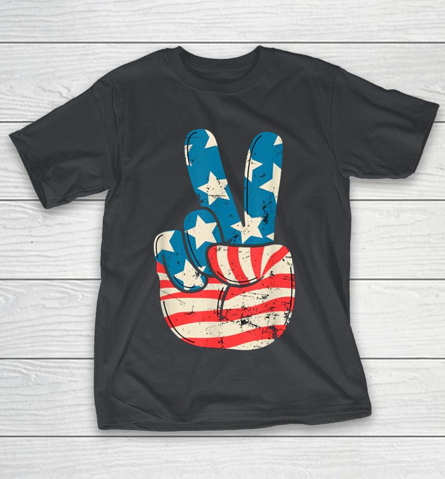 American Flag Peace Sign Hand 4th Of July Patriotic Shirts