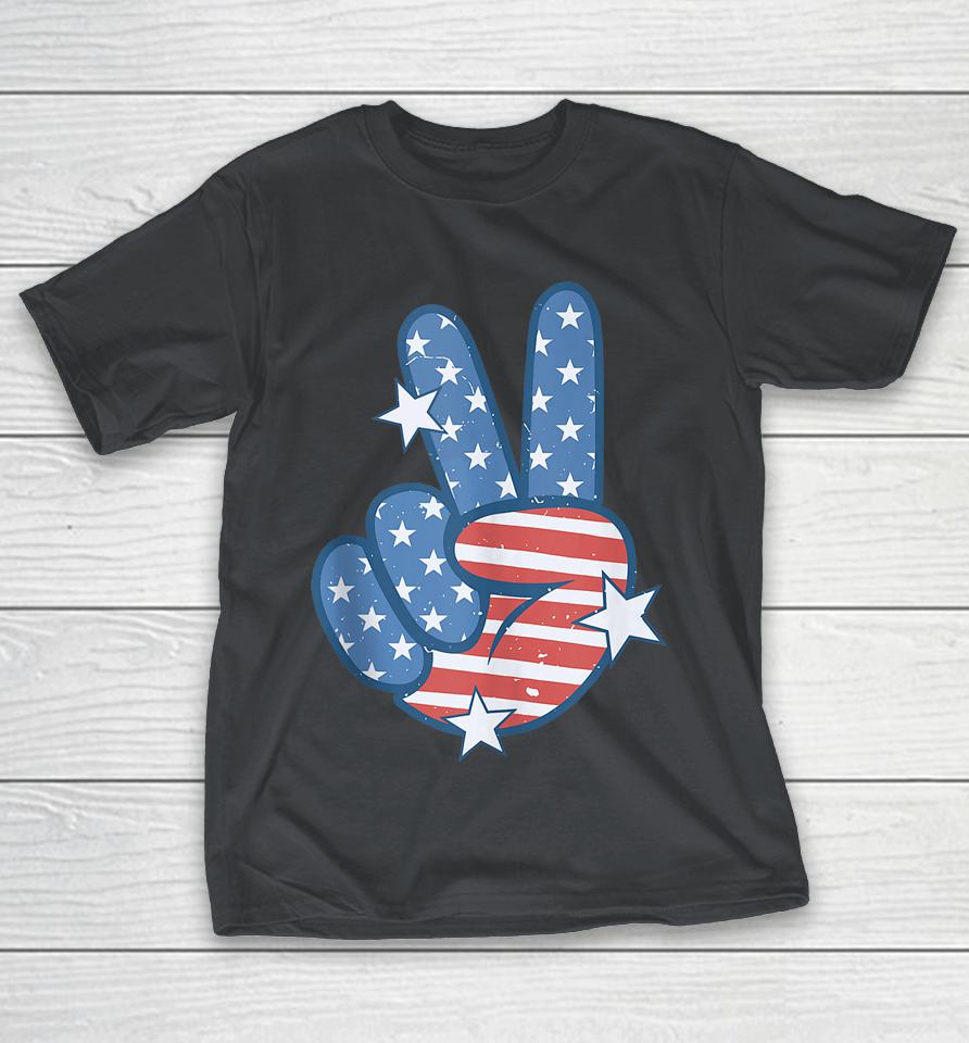 American Flag Peace Sign Hand 4th Of July Shirts