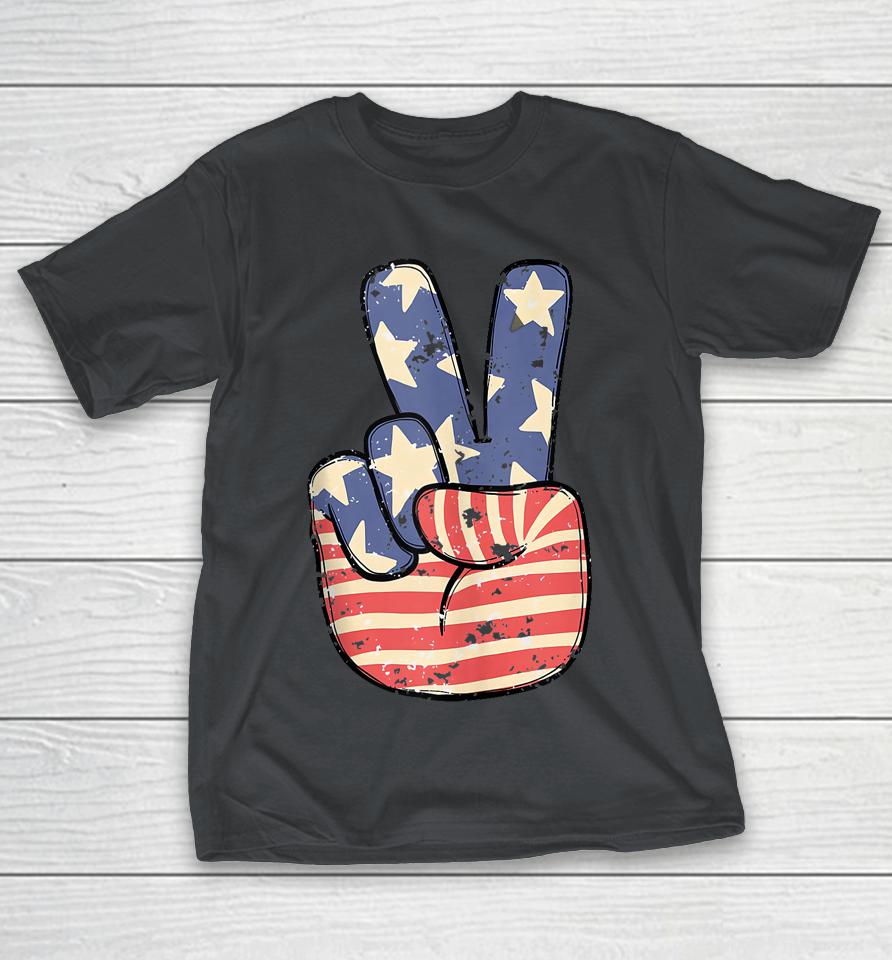 Cute America Peace American Flag Peace Sign Hand 4th Of July Shirts