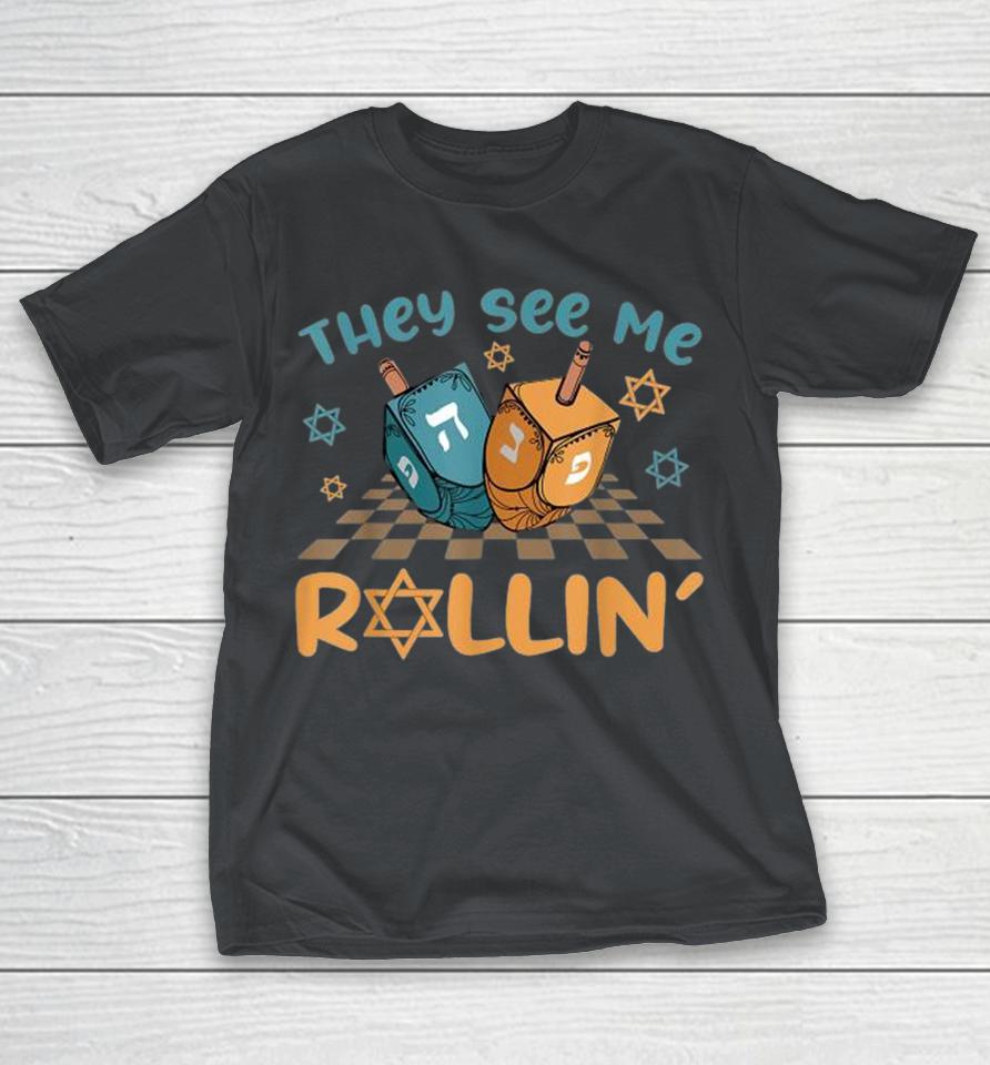 Groovy They See Me Rollin’ Hanukkah 2024 Dreidel Game Jewish Shirts