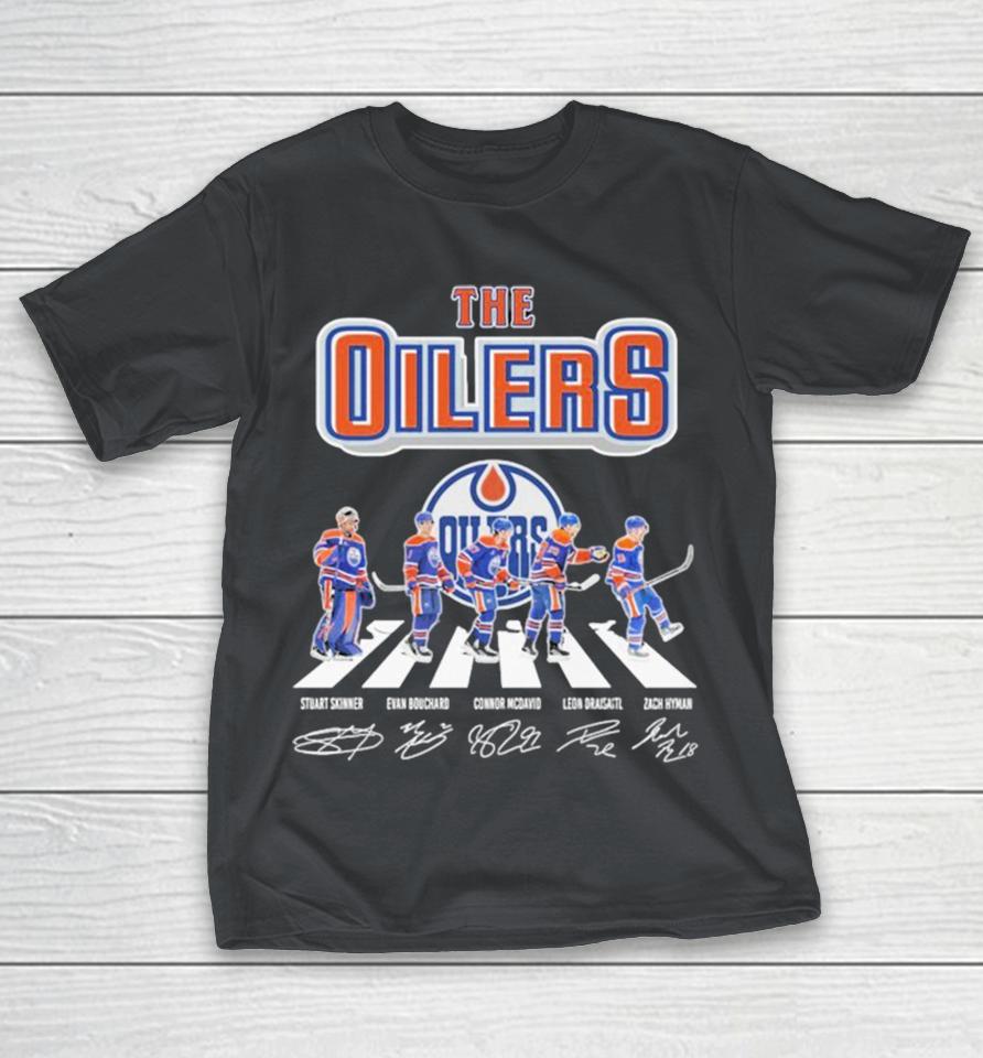 Official The Edmonton Oilers Stuart Skinner Evan Bouchard Connor Mcdavid Leon Draisaitl Zach Hyman Road Abbey Signatures Shirts